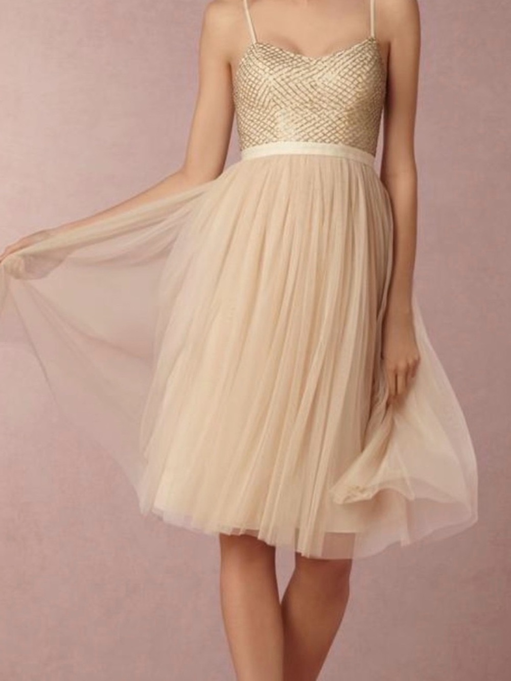 Champagne Blush Tulle Spaghetti Strap Dress with Embellished Sparkly Bodice